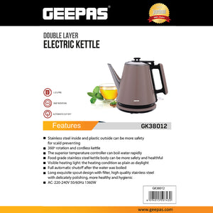 Geepas Double Layer Electric Kettle 1.2L GK38012 | 1360W Fast Boiling|  Stainless Steel Inner | Automatic Shut-Off|  Boil Dry Protection|  Cordless 360° Design| Durable