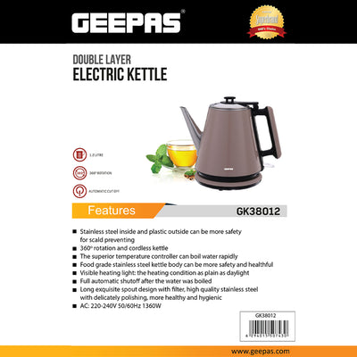 Geepas Double Layer Electric Kettle 1.2L GK38012 | 1360W Fast Boiling|  Stainless Steel Inner | Automatic Shut-Off|  Boil Dry Protection|  Cordless 360° Design| Durable