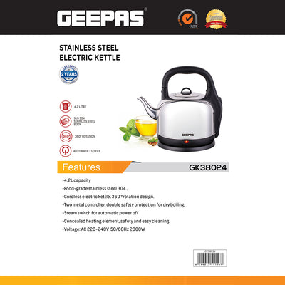 Geepas Stainless Steel Electric Kettle GK38024 – 4.2L, 2000W, SUS 304 body, 360° rotation, boil-dry protection, and auto cut-off. Safe, durable, and easy to clean
