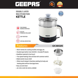 Geepas Double Layer Multifunction Electric Kettle GK38026 | 1000W Stainless Steel Body| Safe & Durable Design| Quick Boiling| Cool Touch Exterior | 2-Year Warranty