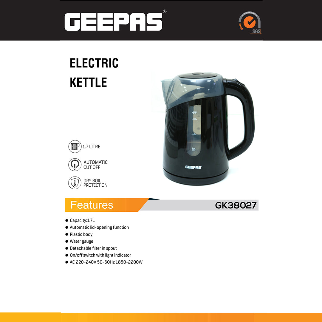 Geepas GK38027 Electric Kettle 1.7L | 2200W Fast Boil with Auto Shut-Off & Boil-Dry Protection | Easy-grip ergonomic handle | durable plastic body | Easy to clean