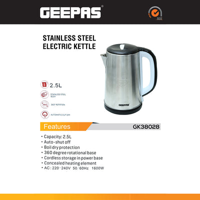 Geepas Stainless Steel Electric Kettle 2.5L GK38028 | 1600W | Built-in Safety Features| Durable Design| Ideal for Home, Office & Travel Hot Water Needs| 2 Years Warranty