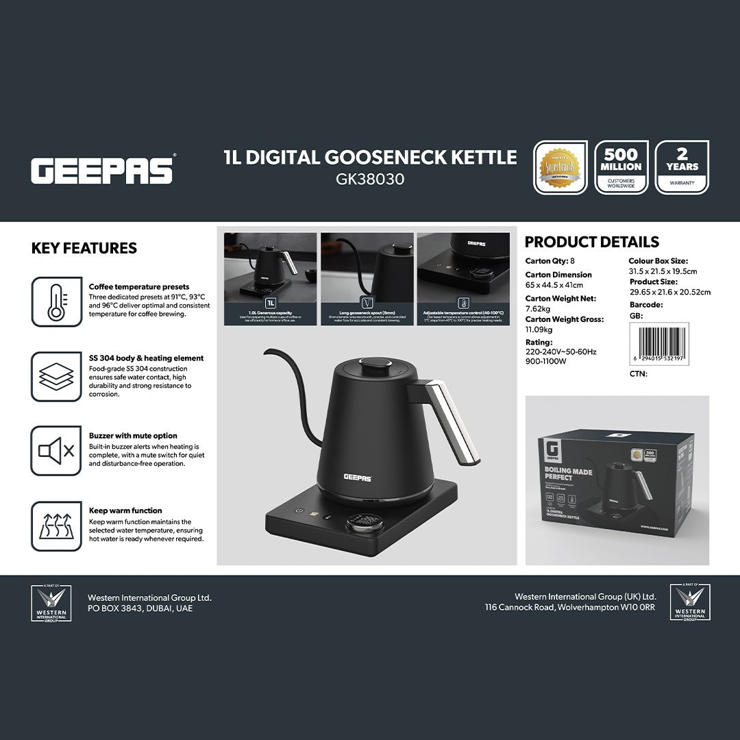 Geepas GK38030 1L Digital Gooseneck Kettle | 40-100°C | 3 Coffee Temperature Presets | Precision 8mm Gooseneck Spout | Food-Grade SS 304 Construction | Keep Warm Function