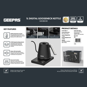 Geepas GK38030 1L Digital Gooseneck Kettle | 40-100°C | 3 Coffee Temperature Presets | Precision 8mm Gooseneck Spout | Food-Grade SS 304 Construction | Keep Warm Function