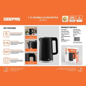 Geepas GK38031 1.7L Double-Layer Electric Kettle | Double-Layer Body | Cool-Touch PP Outer Housing | 360° Rotational Base | Boil-Dry Protection | Wide-Mouth Opening