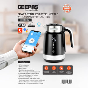 Geepas Smart Stainless Steel Kettle 1.7L GK38034 | WiFi & Voice App Control| Smart Temperature Settings| Fast Boiling| Auto Shut-Off | Durable Design | 2 Years Warranty