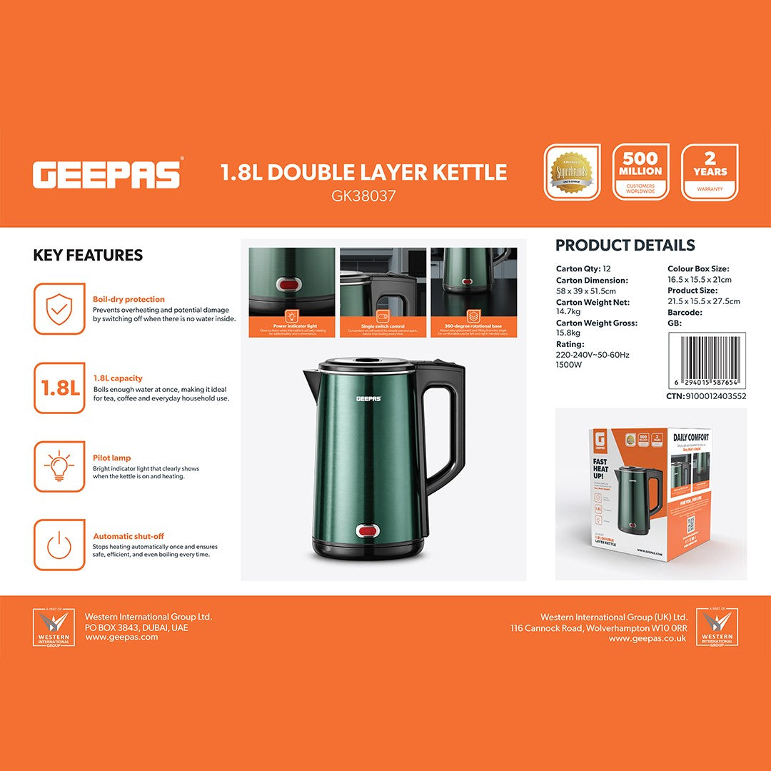 Geepas GK38037 1.8L Double Layer Electric Kettle | 1500W Fast Heating | Boil-Dry Protection & Auto Shut-Off | 360° Rotational Base | Power Indicator Light | Durable