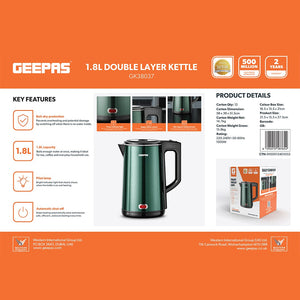 Geepas GK38037 1.8L Double Layer Electric Kettle | 1500W Fast Heating | Boil-Dry Protection & Auto Shut-Off | 360° Rotational Base | Power Indicator Light | Durable