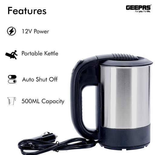 Geepas Stainless Steel Car Kettle GK38041 | 0.5L Travel Electric Kettle| 12V Car Adapter| Fast Boiling| Durable Stainless Steel Body| Safety Features| 2 Year Warranty