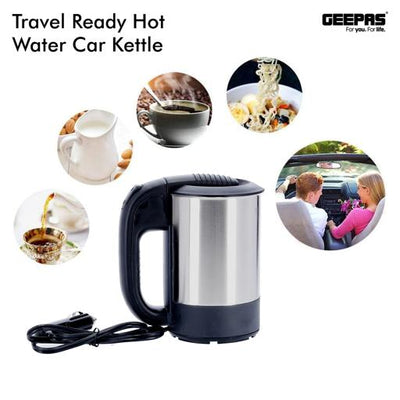 Geepas Stainless Steel Car Kettle GK38041 | 0.5L Travel Electric Kettle| 12V Car Adapter| Fast Boiling| Durable Stainless Steel Body| Safety Features| 2 Year Warranty