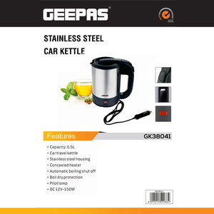 Geepas Stainless Steel Car Kettle GK38041 | 0.5L Travel Electric Kettle| 12V Car Adapter| Fast Boiling| Durable Stainless Steel Body| Safety Features| 2 Year Warranty
