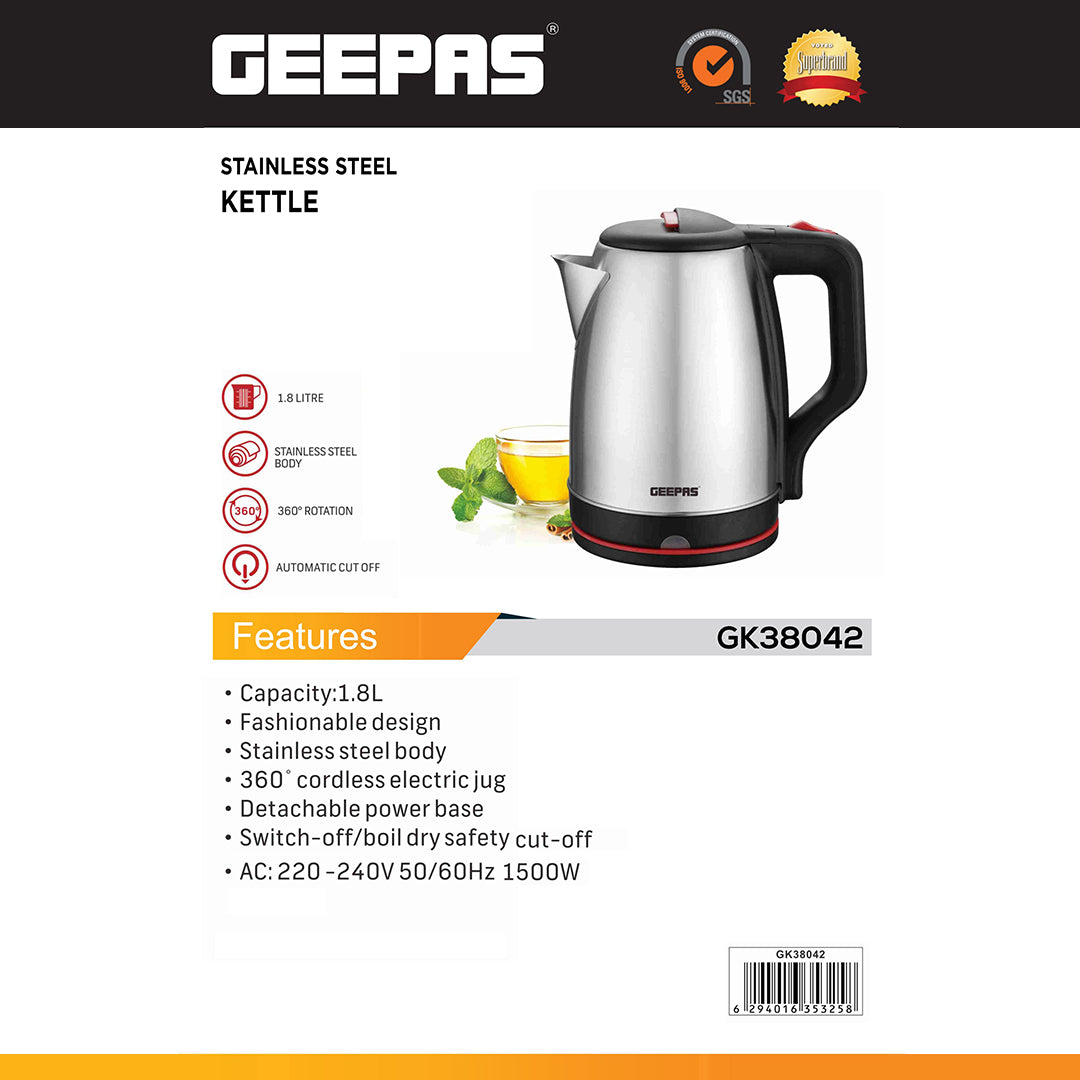 Geepas 1.8L Stainless Steel Electric Kettle GK38042 | 1500W | Safe Automatic Shut-Off| Durable Design | Easy to Use | Ideal for Home, Office & Travel Hot Water Needs