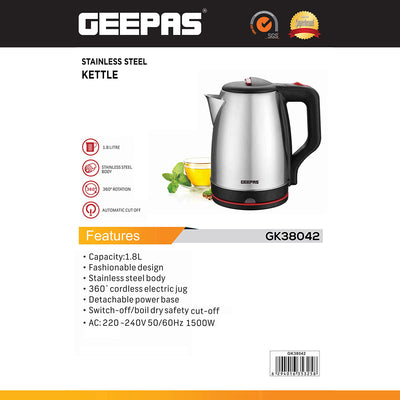 Geepas 1.8L Stainless Steel Electric Kettle GK38042 | 1500W | Safe Automatic Shut-Off| Durable Design | Easy to Use | Ideal for Home, Office & Travel Hot Water Needs