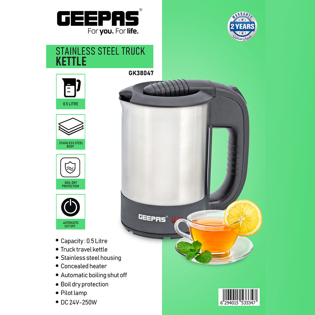 Geepas GK38047 Stainless Steel Truck Travel Kettle | 0.5L Capacity| 24V 250W Portable Design | Auto Shut-Off | Boil Dry Protection | Safe & Durable | 2 Years Warranty