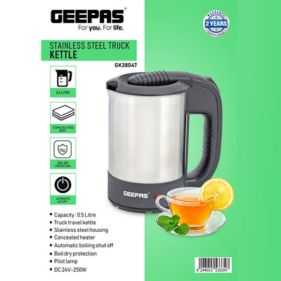 Geepas GK38047 Stainless Steel Truck Travel Kettle | 0.5L Capacity| 24V 250W Portable Design | Auto Shut-Off | Boil Dry Protection | Safe & Durable | 2 Years Warranty