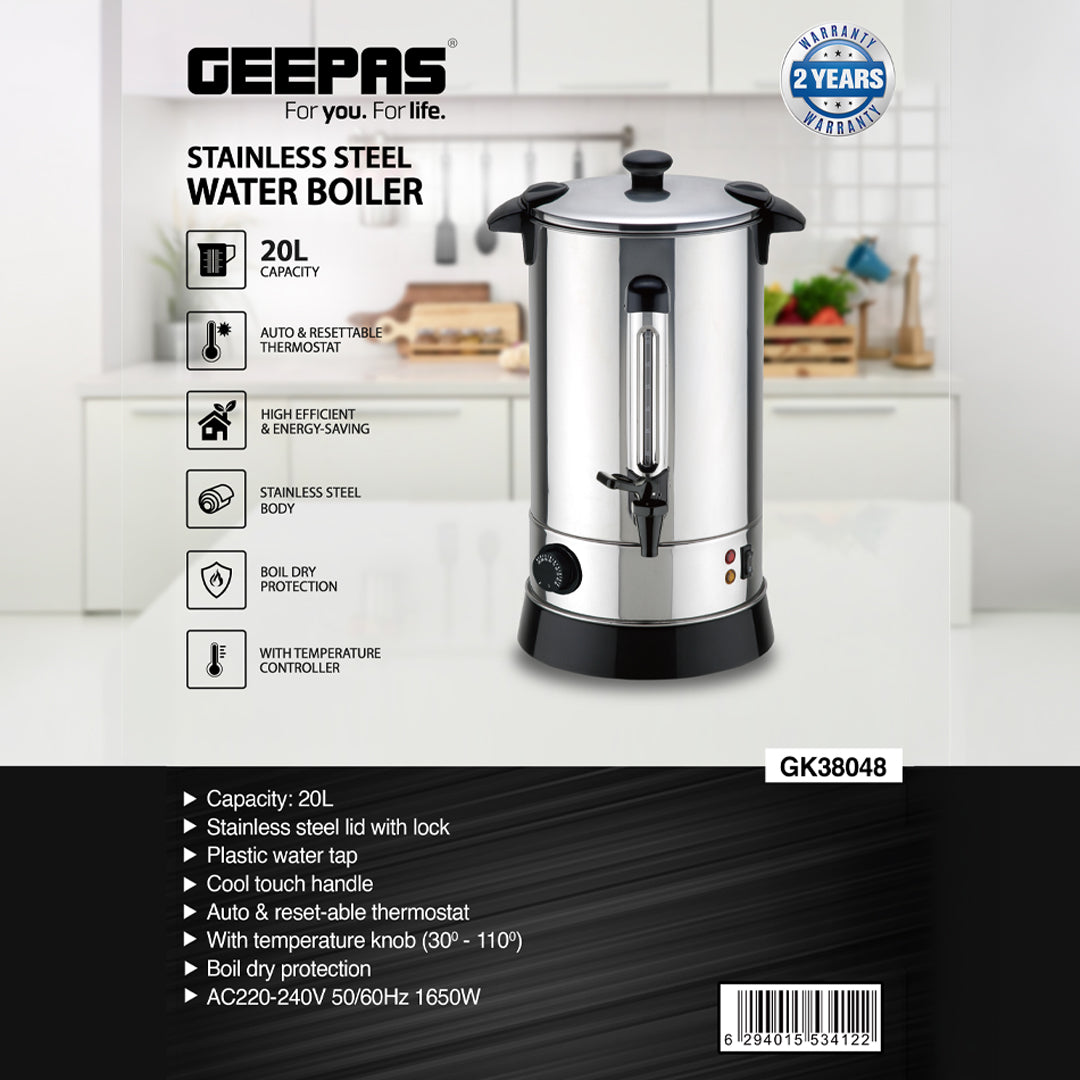 Geepas GK38048 20L Stainless Steel Water Boiler | 1650W | Adjustable Temperature Control | Auto & resettable thermostat |Boil-dry protection |Stainless steel locking lid