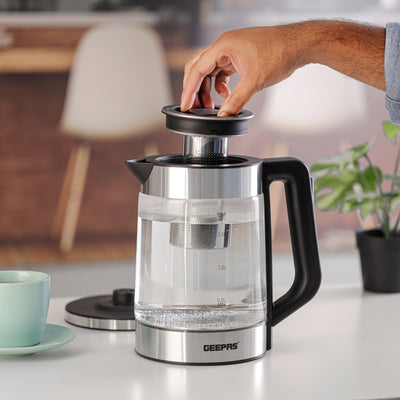 Geepas GK38049 1.8L Electric Glass Kettle | Powerful 2200W Fast-Boil Design | S/S Tea Filter| LED Illumination| Automatic Shut-Off| Boil Dry Protection & Durable  Body
