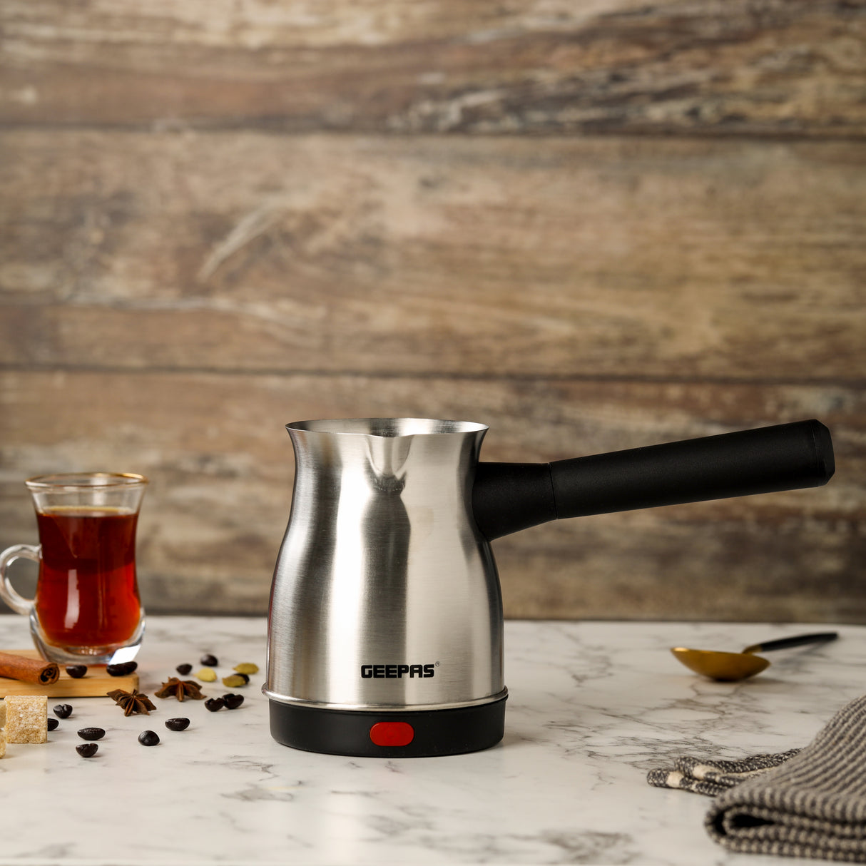 Geepas 0.8 L Electric Turkish Coffee Maker- GK38050/ Stainless Steel Kettle with 360-Degrees Rotation, Non-Automatic Power Off/ Perfect for Boiling Water, Milk, Tea