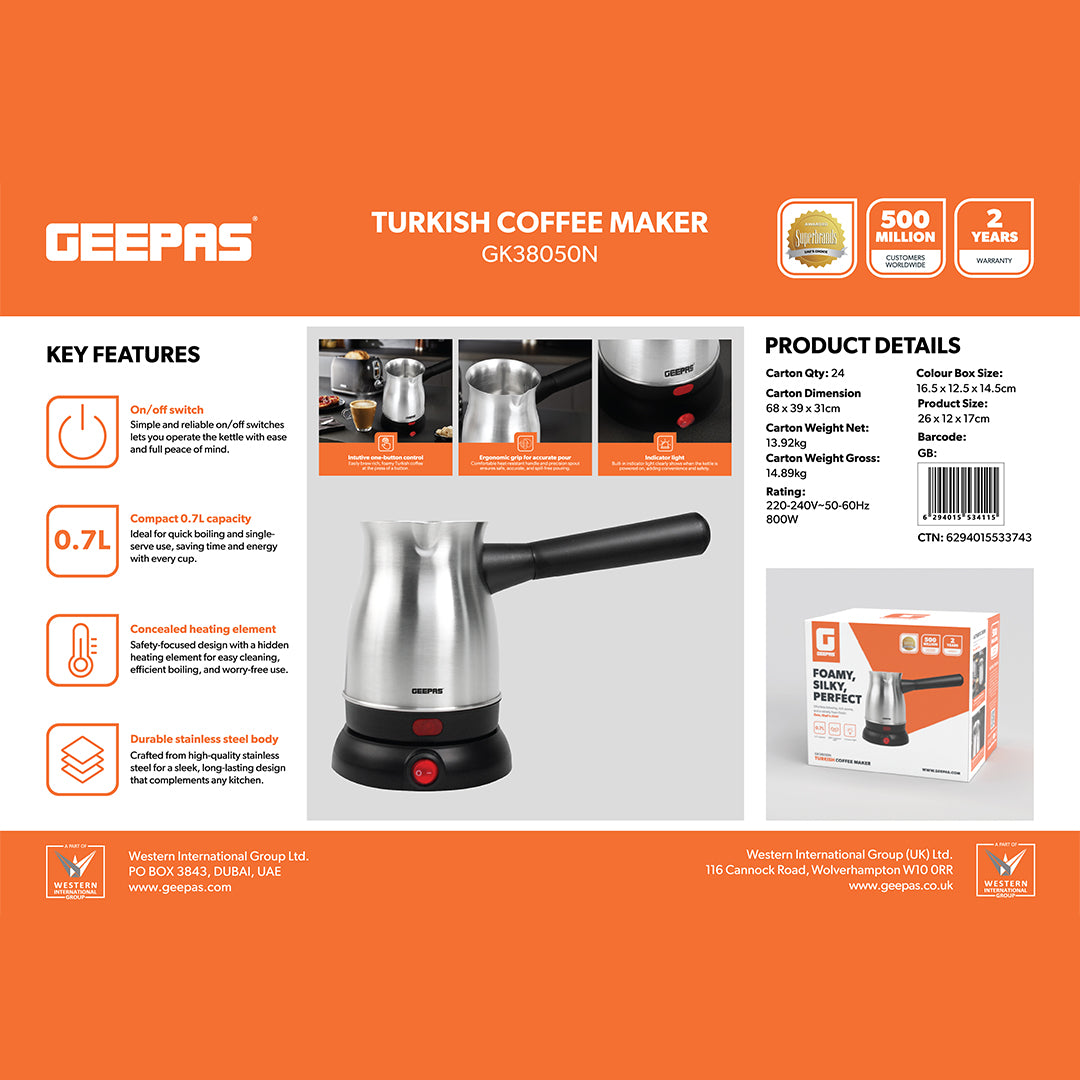 Geepas GK38050 Turkish Coffee Maker | 800W | 0.7L Stainless Steel Coffee Pot | Premium Stainless Steel Body | Concealed Heating Element | Ergonomic Heat-Resistant Handle