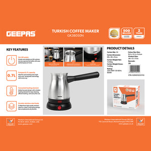 Geepas GK38050 Turkish Coffee Maker | 800W | 0.7L Stainless Steel Coffee Pot | Premium Stainless Steel Body | Concealed Heating Element | Ergonomic Heat-Resistant Handle