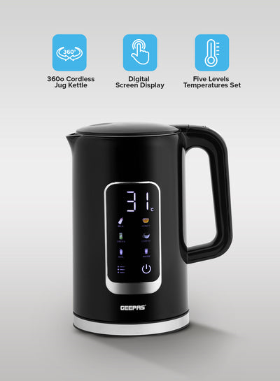 Geepas 1.7L Digital Display Kettle-GK38052-Dry Boiling Protection/Quick Boil Water, Tea and Coffee Maker-2200 Watts/ 5 Temperature Settings