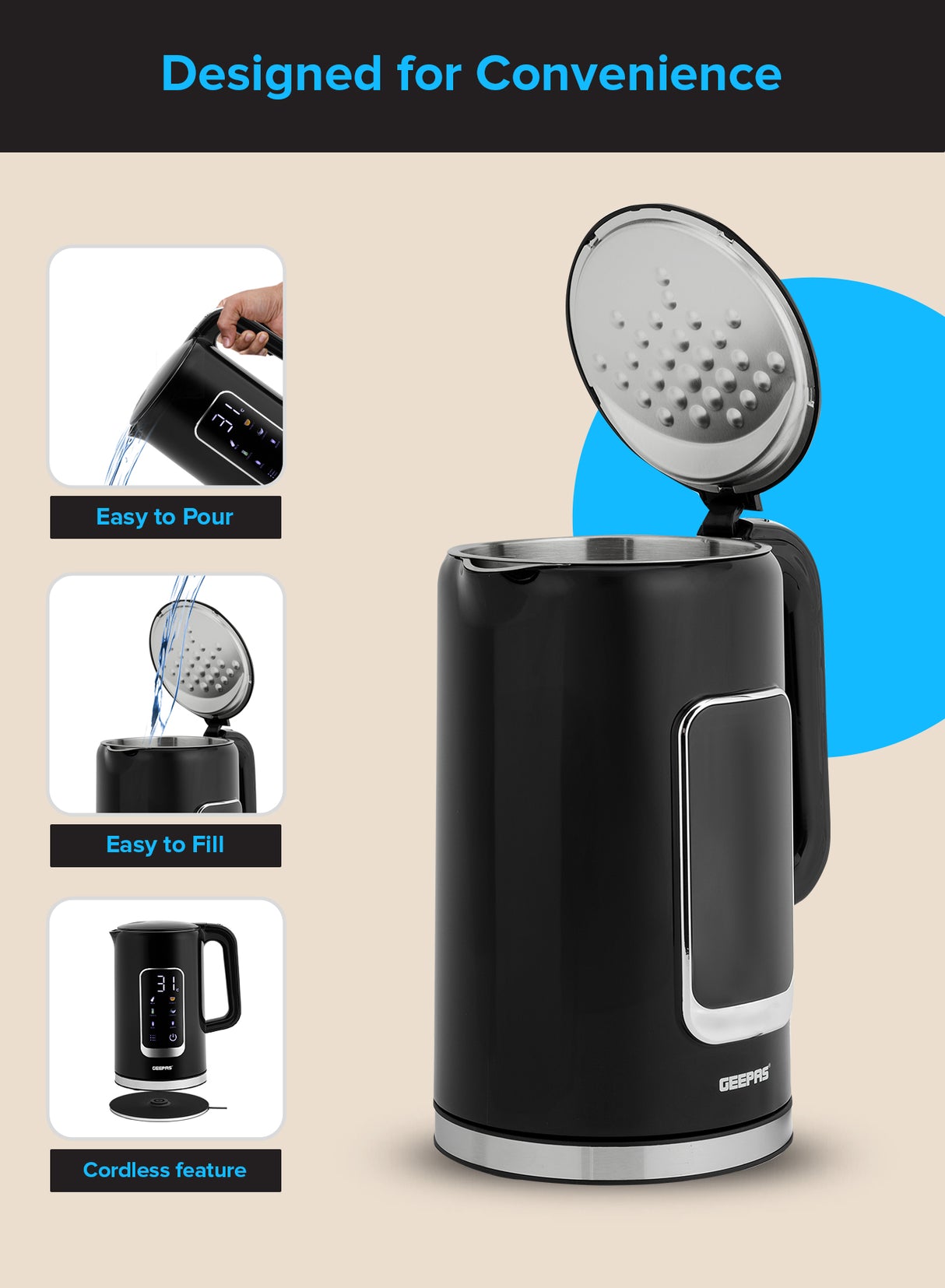 Geepas 1.7L Digital Display Kettle-GK38052-Dry Boiling Protection/Quick Boil Water, Tea and Coffee Maker-2200 Watts/ 5 Temperature Settings