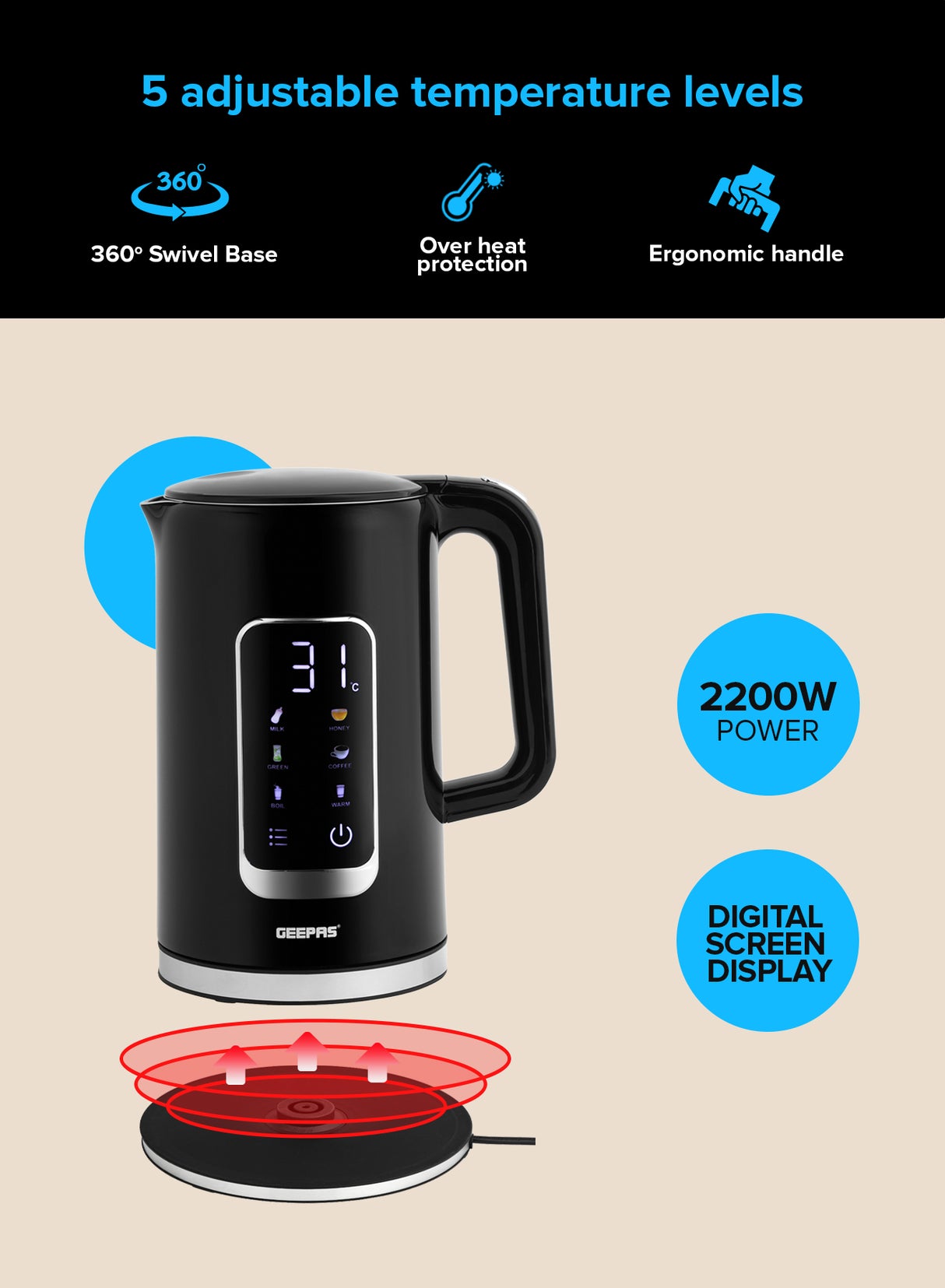 Geepas 1.7L Digital Display Kettle-GK38052-Dry Boiling Protection/Quick Boil Water, Tea and Coffee Maker-2200 Watts/ 5 Temperature Settings