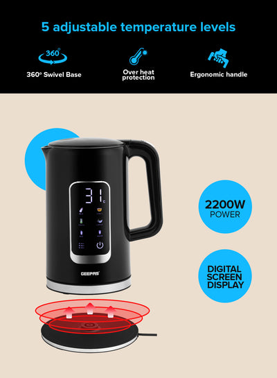 Geepas 1.7L Digital Display Kettle-GK38052-Dry Boiling Protection/Quick Boil Water, Tea and Coffee Maker-2200 Watts/ 5 Temperature Settings