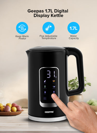 Geepas 1.7L Digital Display Kettle-GK38052-Dry Boiling Protection/Quick Boil Water, Tea and Coffee Maker-2200 Watts/ 5 Temperature Settings