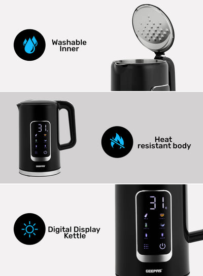 Geepas 1.7L Digital Display Kettle-GK38052-Dry Boiling Protection/Quick Boil Water, Tea and Coffee Maker-2200 Watts/ 5 Temperature Settings
