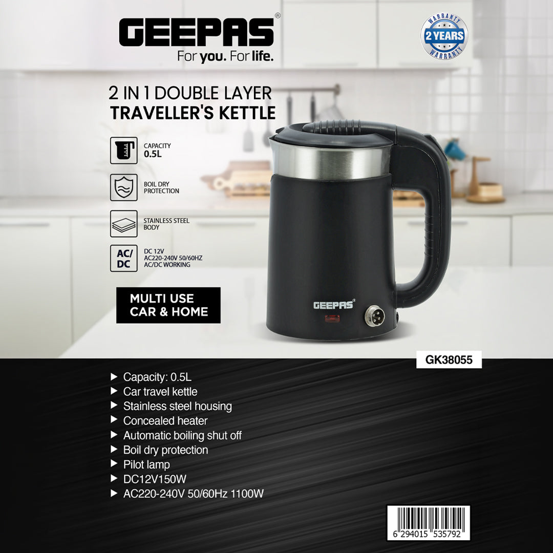2-in-1 Double Layer Traveller's Kettle, 0.5L Kettle, GK38055 | 12V Portable Electric Car Kettle | Stainless Steel Coffee Mug with Cigarette Lighter Charger