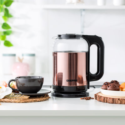 Geepas 1.7L Double Layer Glass Kettle GK38063 | 1500W, 360° Rotation, Boil Dry Protection, Auto Cut-Off, Cool Touch Handle, 2Year Warranty, Rose Gold & Black