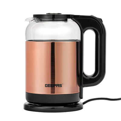 Geepas 1.7L Double Layer Glass Kettle GK38063 | 1500W, 360° Rotation, Boil Dry Protection, Auto Cut-Off, Cool Touch Handle, 2Year Warranty, Rose Gold & Black