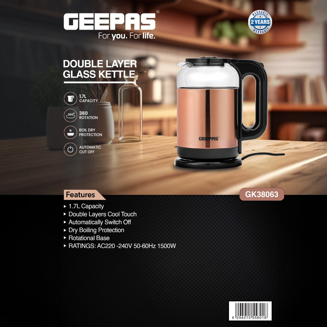 Geepas 1.7L Double Layer Glass Kettle GK38063 | 1500W, 360° Rotation, Boil Dry Protection, Auto Cut-Off, Cool Touch Handle, 2Year Warranty, Rose Gold & Black
