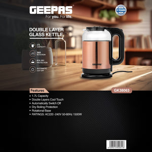 Geepas 1.7L Double Layer Glass Kettle GK38063 | 1500W, 360° Rotation, Boil Dry Protection, Auto Cut-Off, Cool Touch Handle, 2Year Warranty, Rose Gold & Black