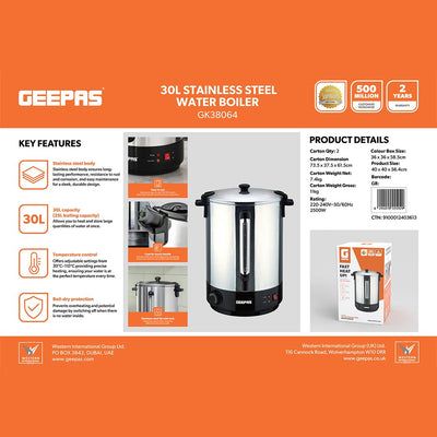 Geepas GK38064UK  30 Litre Stainless Steel Water Boiler  | Adjustable Thermostat| Boil-Dry Protection| 2500W Fast Heating| Cool Touch Handle| Office Catering Use Pro
