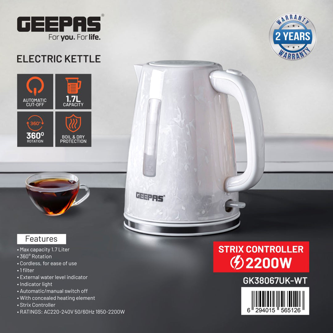 Geepas GK38067UK-WT Skye Collection 1.7L Electric Kettle | 360° Cordless Base | Auto Shut Off | Boil Dry Protection | Water Level Indicator |Kettle for Home & Office Use