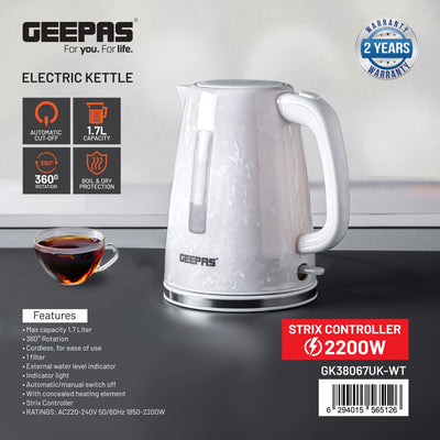 Geepas GK38067UK-WT Skye Collection 1.7L Electric Kettle | 360° Cordless Base | Auto Shut Off | Boil Dry Protection | Water Level Indicator |Kettle for Home & Office Use
