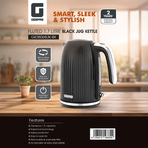 Geepas 1.7L Fluted Black Jug Kettle GK38068UK-BK |  3000W Rapid Boil | 360° Cordless Base | Auto Shut-Off & Boil-Dry Protection | Elegant Design | 2 Years Warranty
