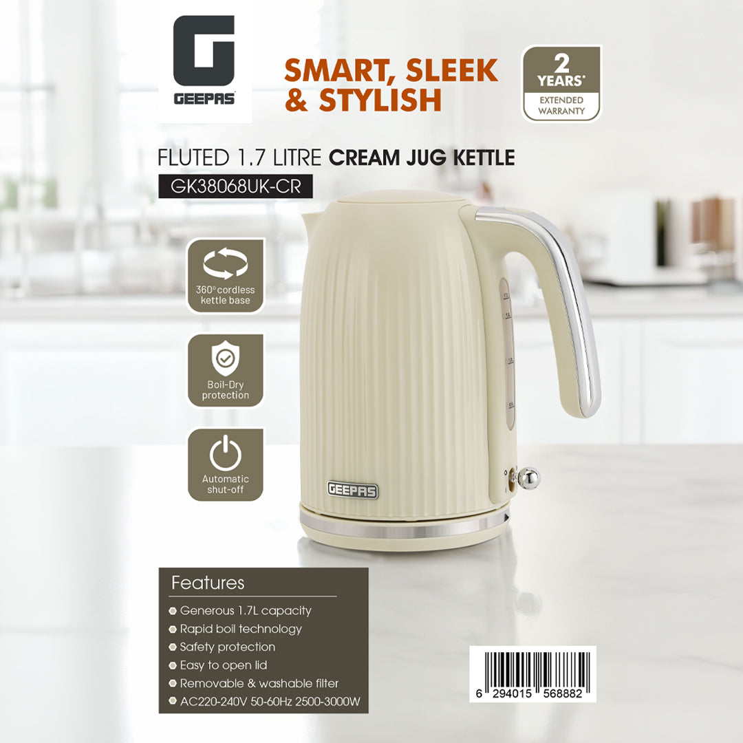 Geepas 1.7L Fluted Jug Kettle GK38068UK-CR | 360° Rotation, Boil-Dry Protection, Auto Cut-Off | For Water, Milk, Tea | Removable Filter | Cream, 2-Year Warranty