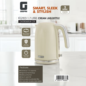Geepas 1.7L Fluted Jug Kettle GK38068UK-CR | 360° Rotation, Boil-Dry Protection, Auto Cut-Off | For Water, Milk, Tea | Removable Filter | Cream, 2-Year Warranty