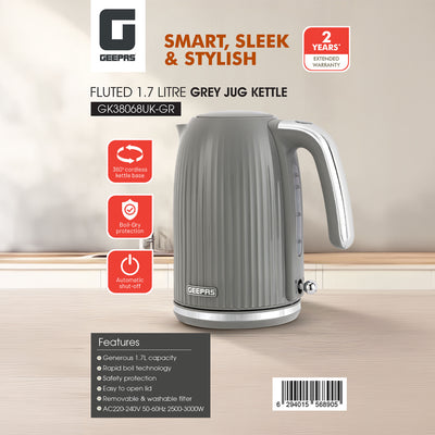 Geepas 1.7L Fluted Grey Jug Kettle GK38068UK-GR | 3000W Rapid Boil | 360° Cordless Base | Auto Shut-Off & Boil-Dry Protection | Elegant Design | 2 Years Warranty