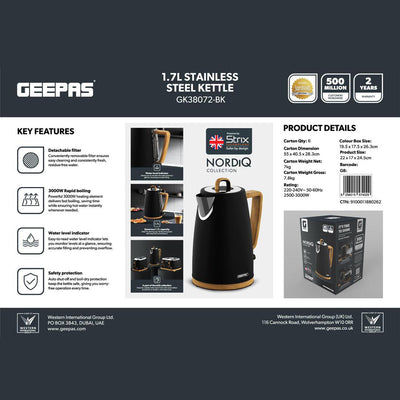 Geepas GK38072UK-BK 1.7L Stainless Steel Electric Kettle | 3000W Rapid Boil Performance| Safe Strix Controller| Water Level Indicator| Auto Shut-Off & Boil-Dry Protection