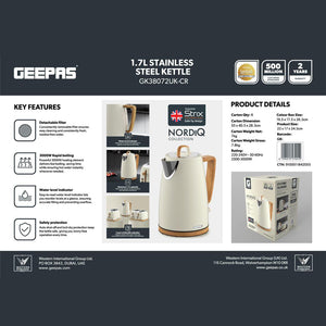 Geepas GK38072UK-CR 1.7L Stainless Steel Electric Kettle | 3000W Rapid Boil | Strix Safety Controller| Clear Water Level Indicator| Auto Shut-Off & Boil-Dry Protection