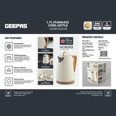 Geepas GK38072UK-CR 1.7L Stainless Steel Electric Kettle | 3000W Rapid Boil | Strix Safety Controller| Clear Water Level Indicator| Auto Shut-Off & Boil-Dry Protection