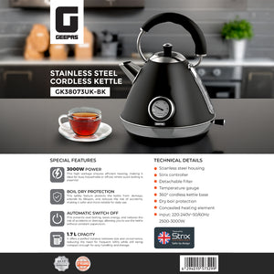 Geepas GK38073UK-BK Stainless Steel Cordless Kettle | Powerful 3000W Heating | 1.7L Large Capacity | Boil Dry Protection | Auto Shut-Off | 360° Rotating Base Design