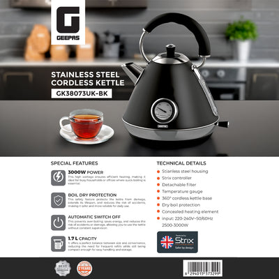 Geepas GK38073UK-BK Stainless Steel Cordless Kettle | Powerful 3000W Heating | 1.7L Large Capacity | Boil Dry Protection | Auto Shut-Off | 360° Rotating Base Design
