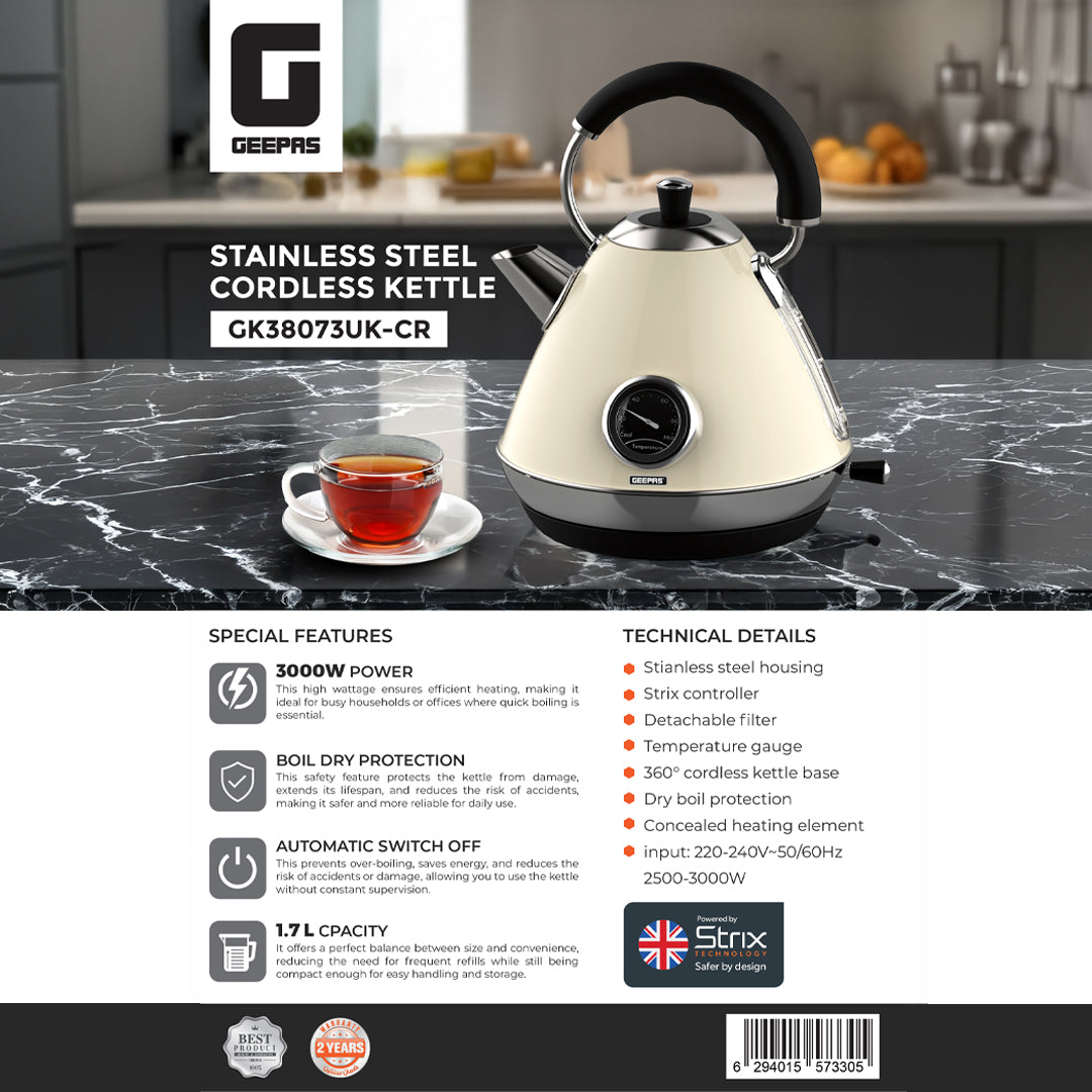 Geepas GK38073UK-CR Stainless Steel Cordless Kettle, 3000W Fast Boil Electric Jug, 1.7L Capacity, Strix Controller, Auto Shut-Off, Boil Dry Protection, 360° Base