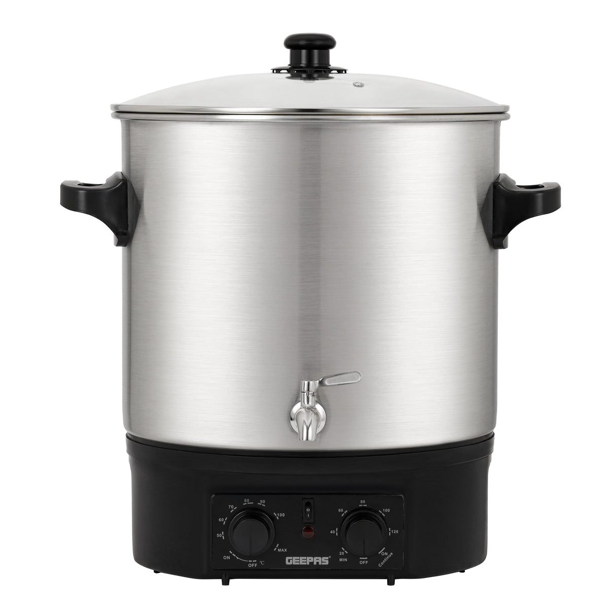Geepas 27 liter Water Boiler- GK38077/ Stainless Steel Housing and Faucet, Tempered Glass Lid/ 120 minutes Timer, Boil Dry Protection and Temperature Control