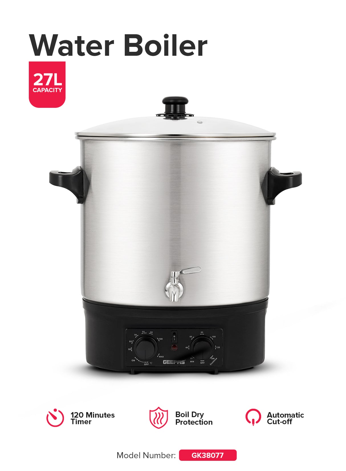 Geepas 27 liter Water Boiler- GK38077/ Stainless Steel Housing and Faucet, Tempered Glass Lid/ 120 minutes Timer, Boil Dry Protection and Temperature Control